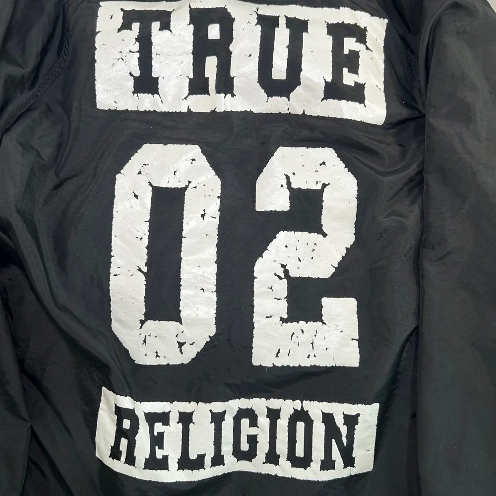 True Religion Coach Jacket Mens Large Black Graphic Print Snap Front Windbreaker